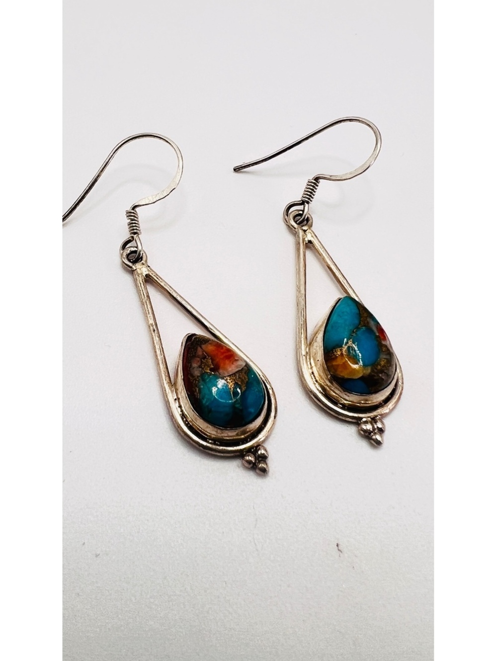 925 Sterling Silver Mosaic Copper Turquoise Teardrop Earrings 4.39g